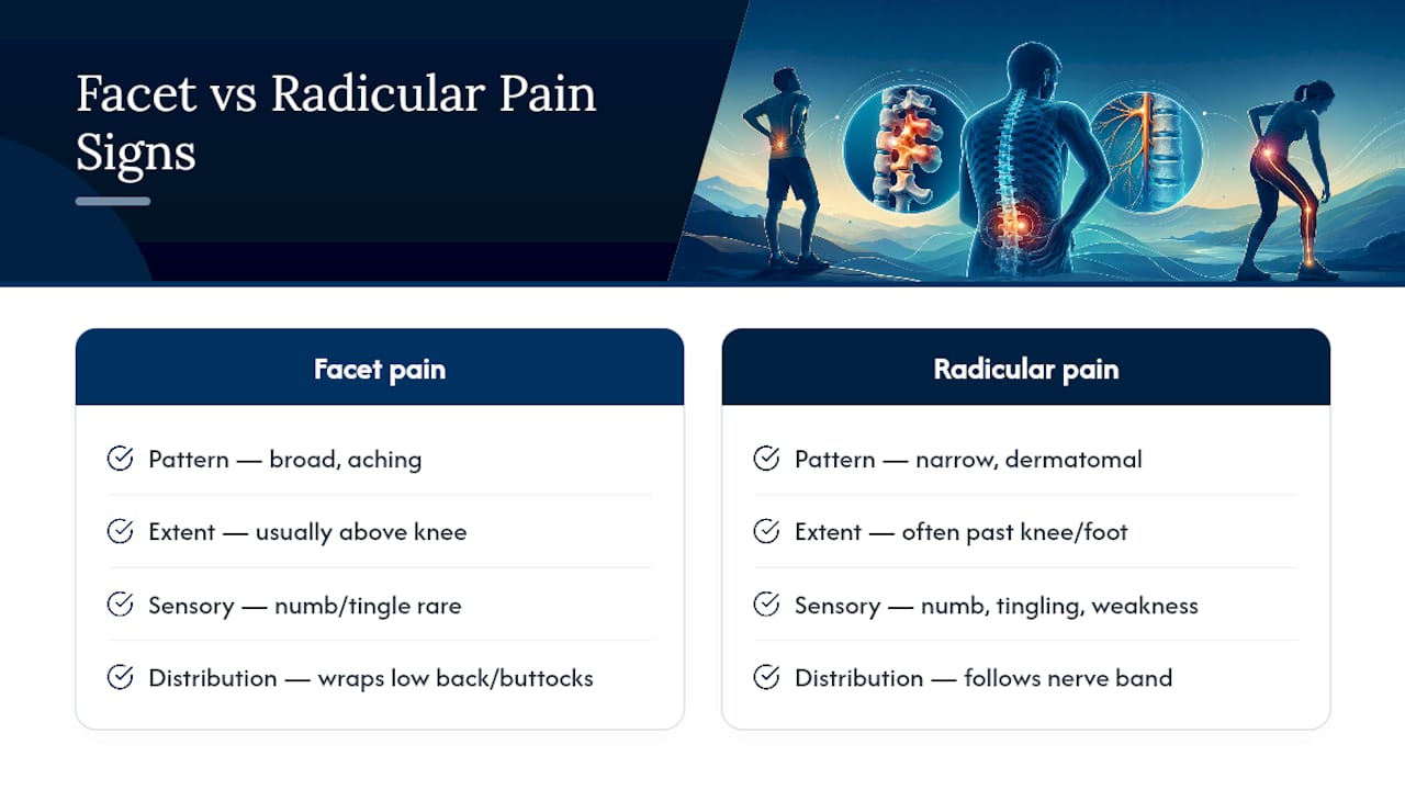 Facet pain versus radicular pain clues