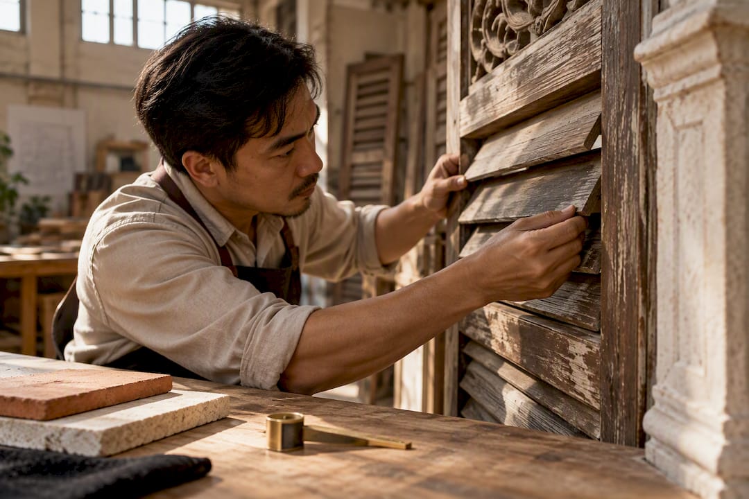 Craftsperson restoring timber shophouse details