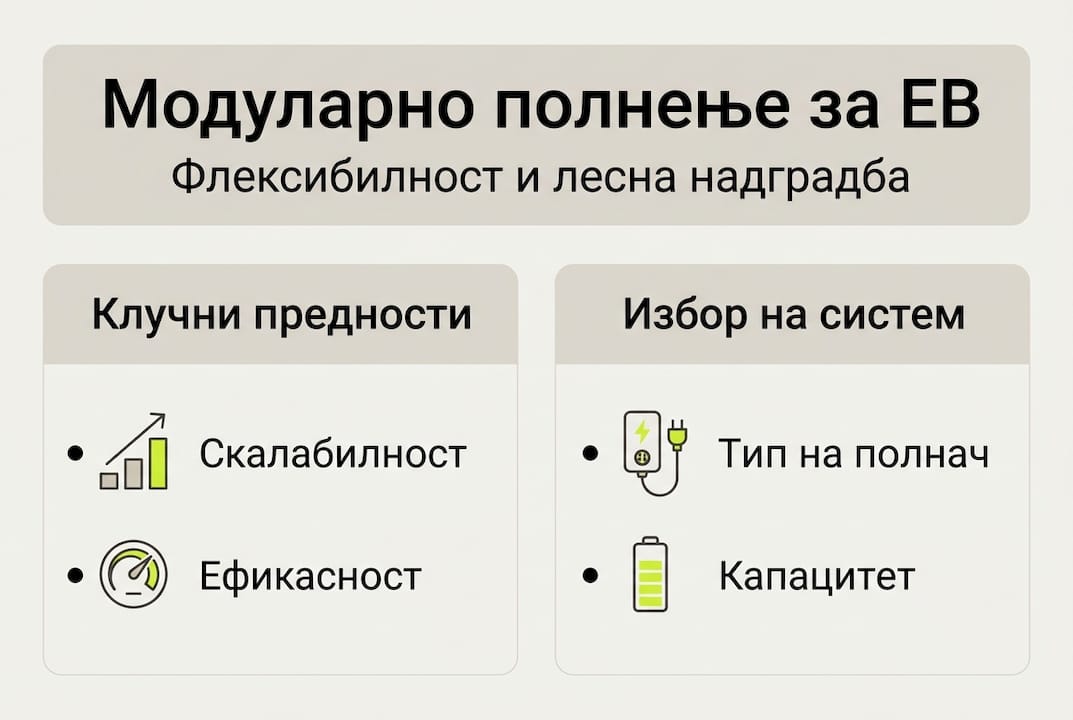 Инфографик што ги прикажува главните карактеристики на модуларните станици за полнење електрични возила
