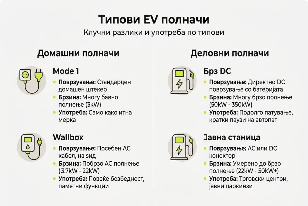 Инфографик: Кои се разликите меѓу различните видови полначи за електрични возила?