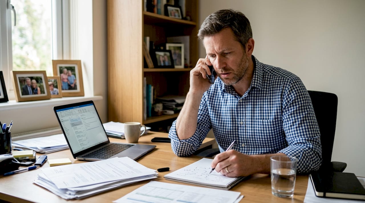 Man having tense phone call in home office