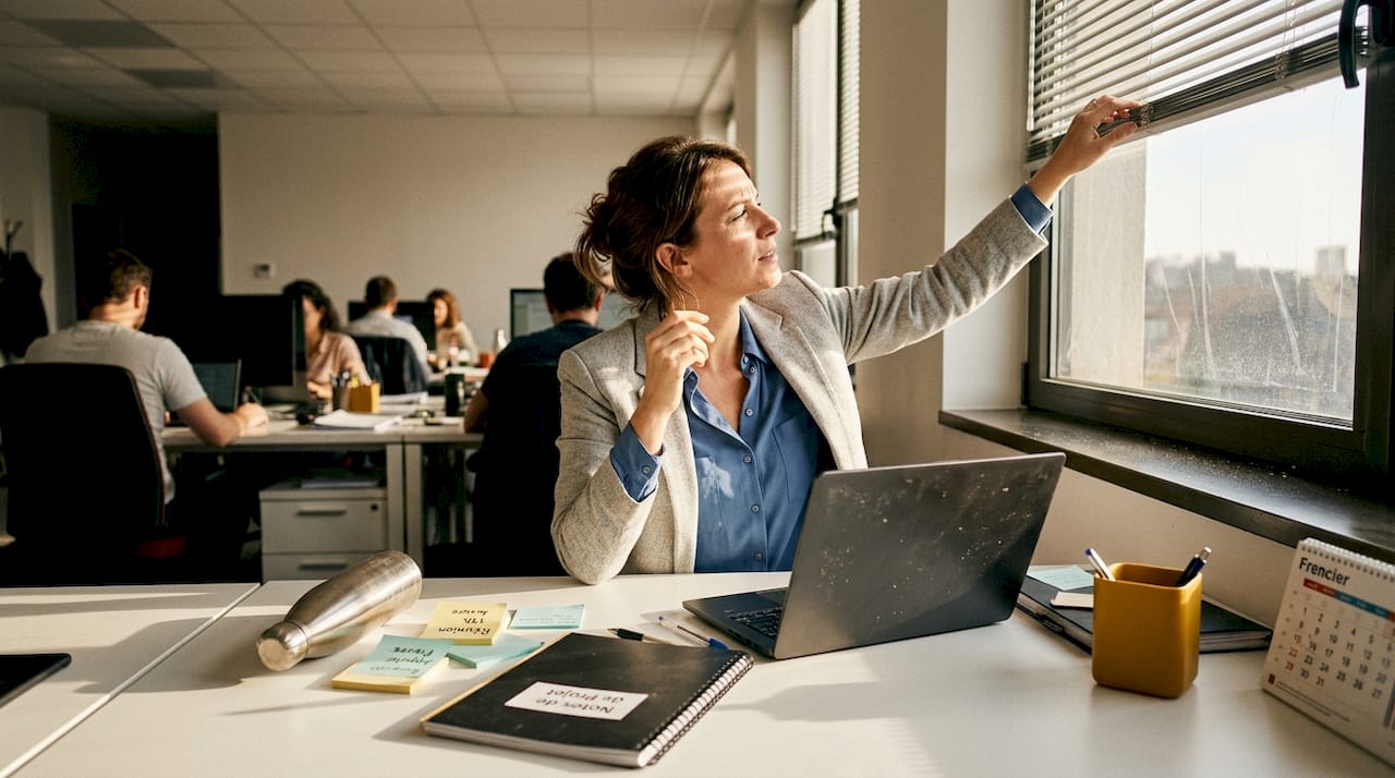 Un professionnel en train de régler les stores et de poser un film sur la fenêtre.