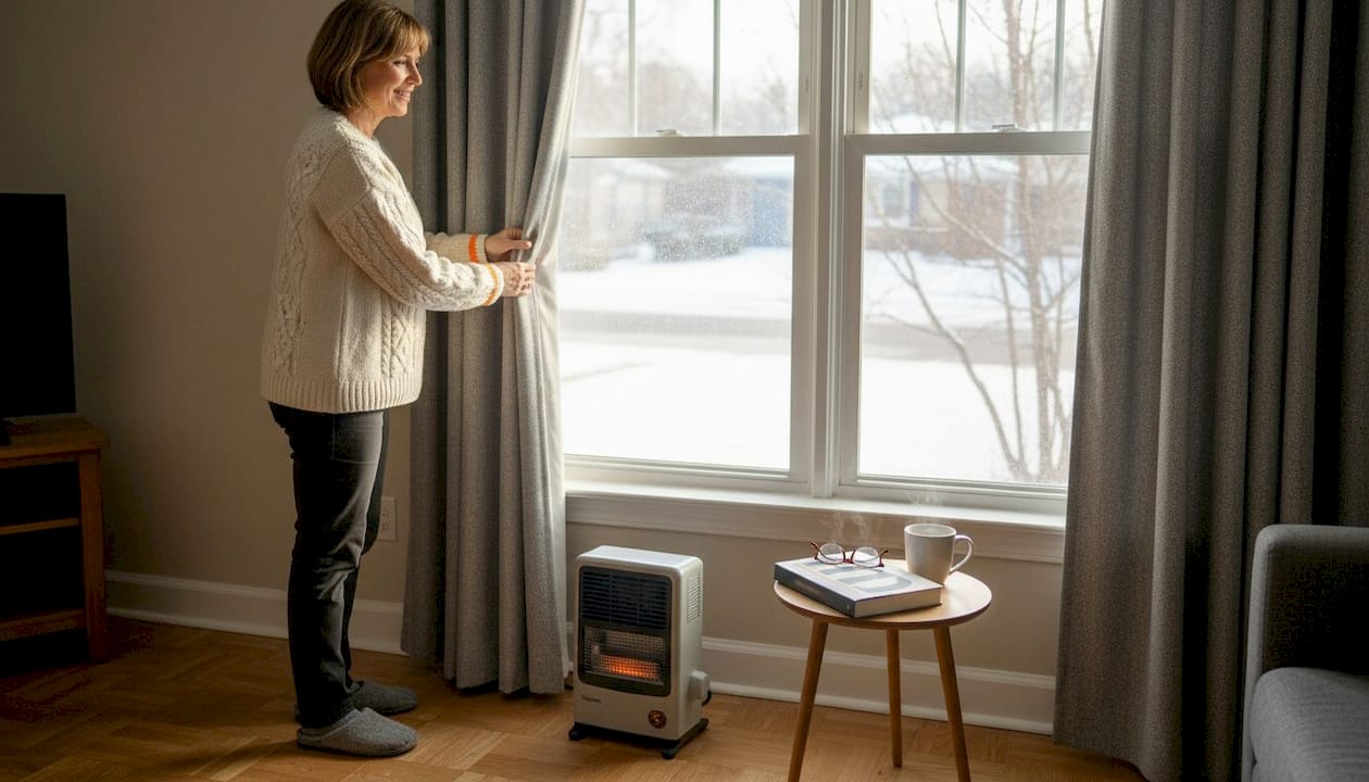 Une femme remet en place les rideaux devant une fenêtre bien isolée.