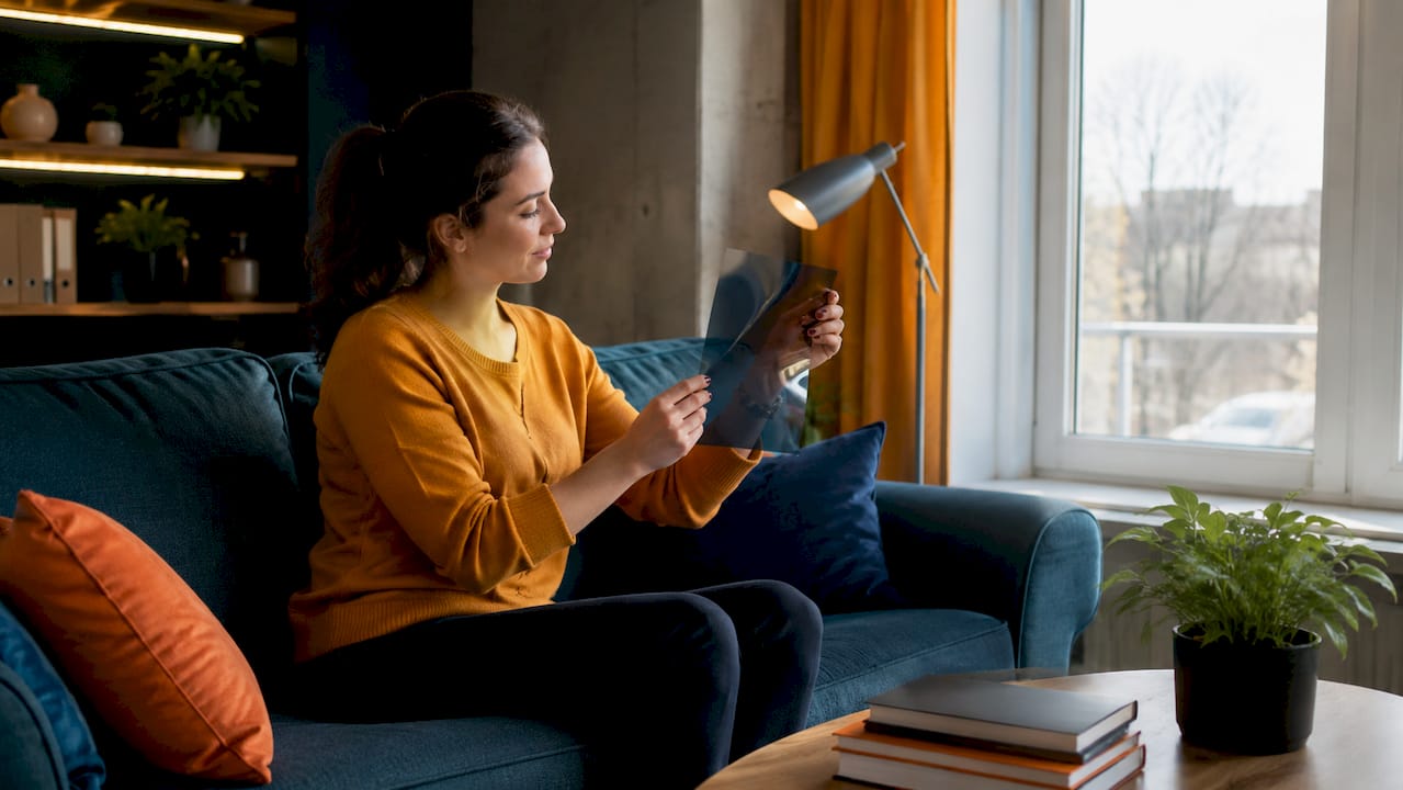 Une femme examine différents échantillons de films solaires à l’intérieur.