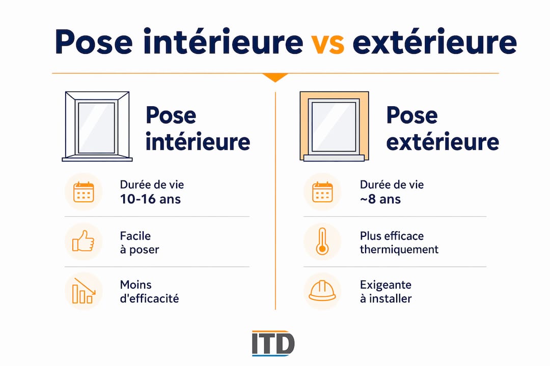 Infographie : les différences entre la pose du film pour vitrage à l’intérieur ou à l’extérieur