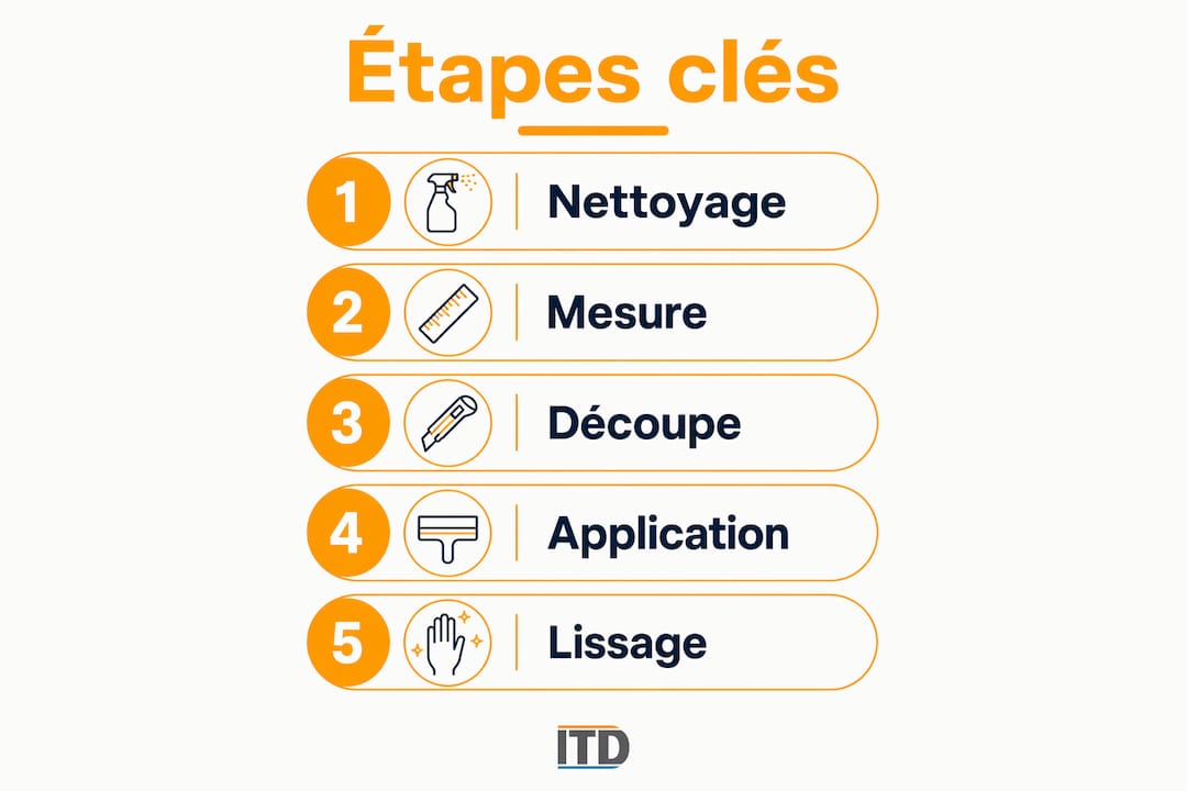 Visuel présentant les différentes étapes essentielles pour réussir la pose d’un film occultant
