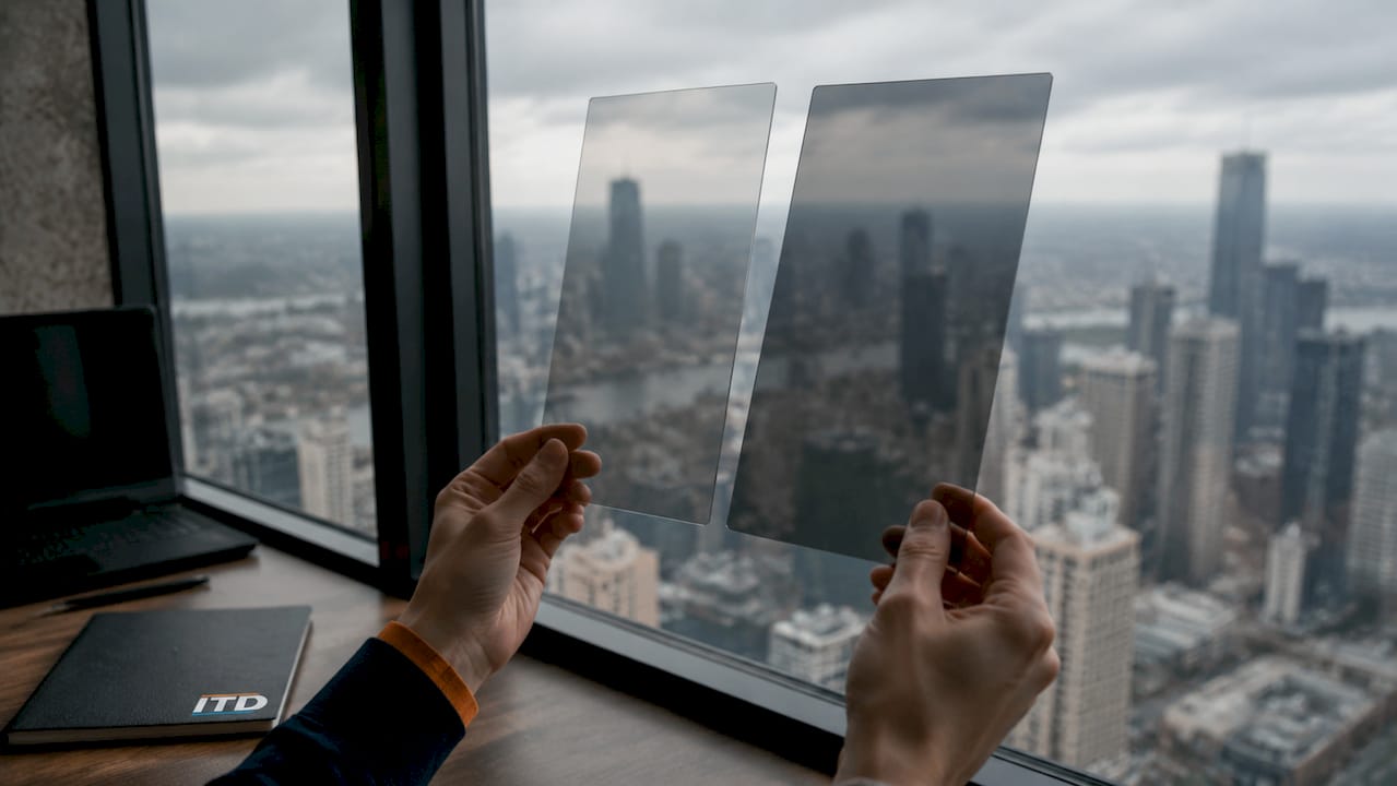 Des mains comparent deux types de films solaires pour fenêtres, juste à côté d'une vitre.