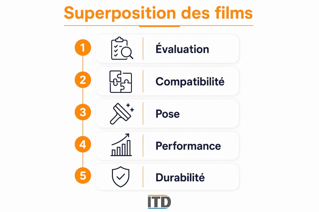 Infographie illustrant les différentes étapes de superposition des films et leur impact sur la performance thermique
