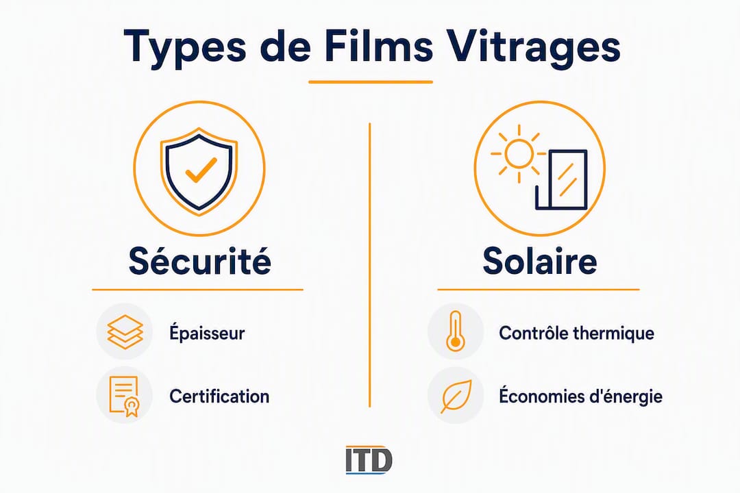 Infographie : comparaison entre les différents types de films de protection pour vitrages, sécurité ou solaire