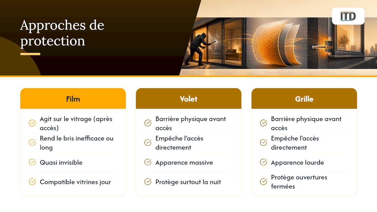 Différences entre film de sécurité, volets et grilles