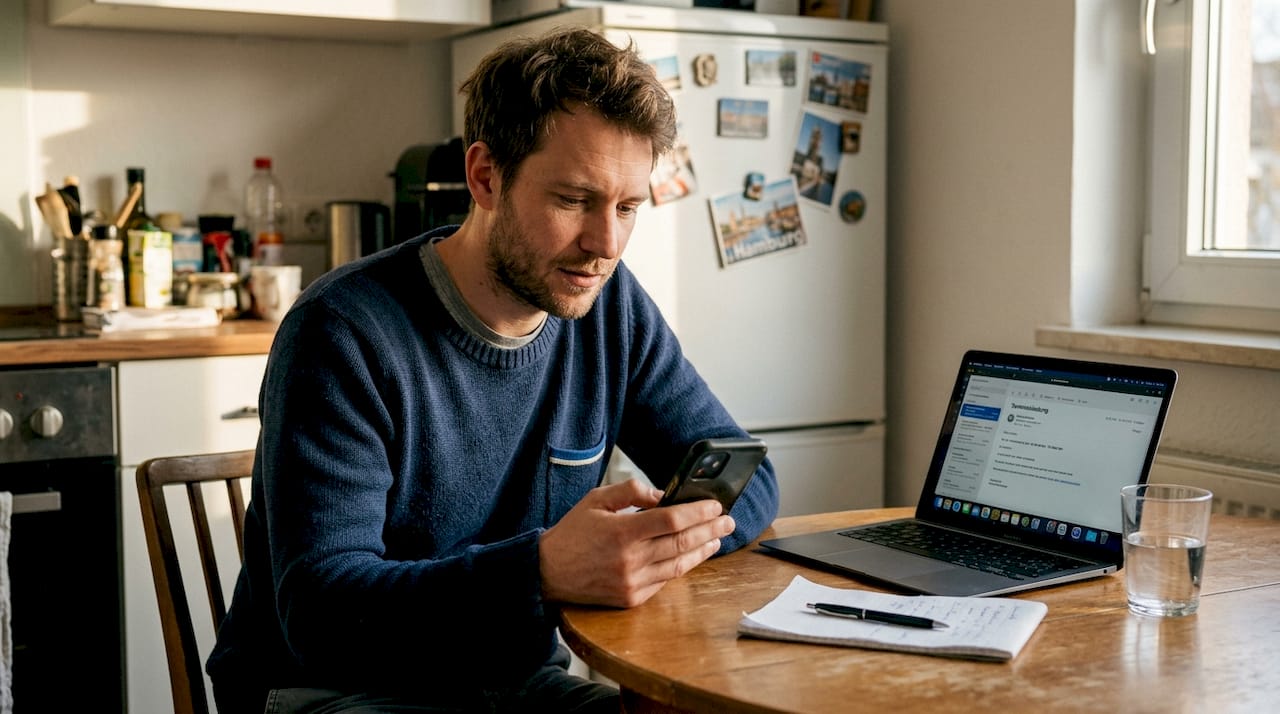 Der Patient liest eine digitale Terminerinnerung, die er per SMS erhalten hat.