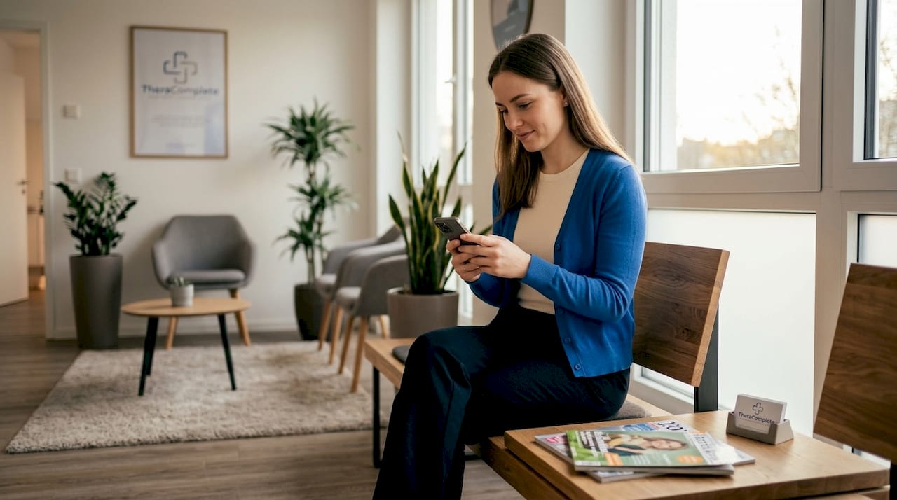 Während sie im Wartezimmer sitzt, stöbert eine Frau auf ihrem Smartphone durch verschiedene Bewertungen.