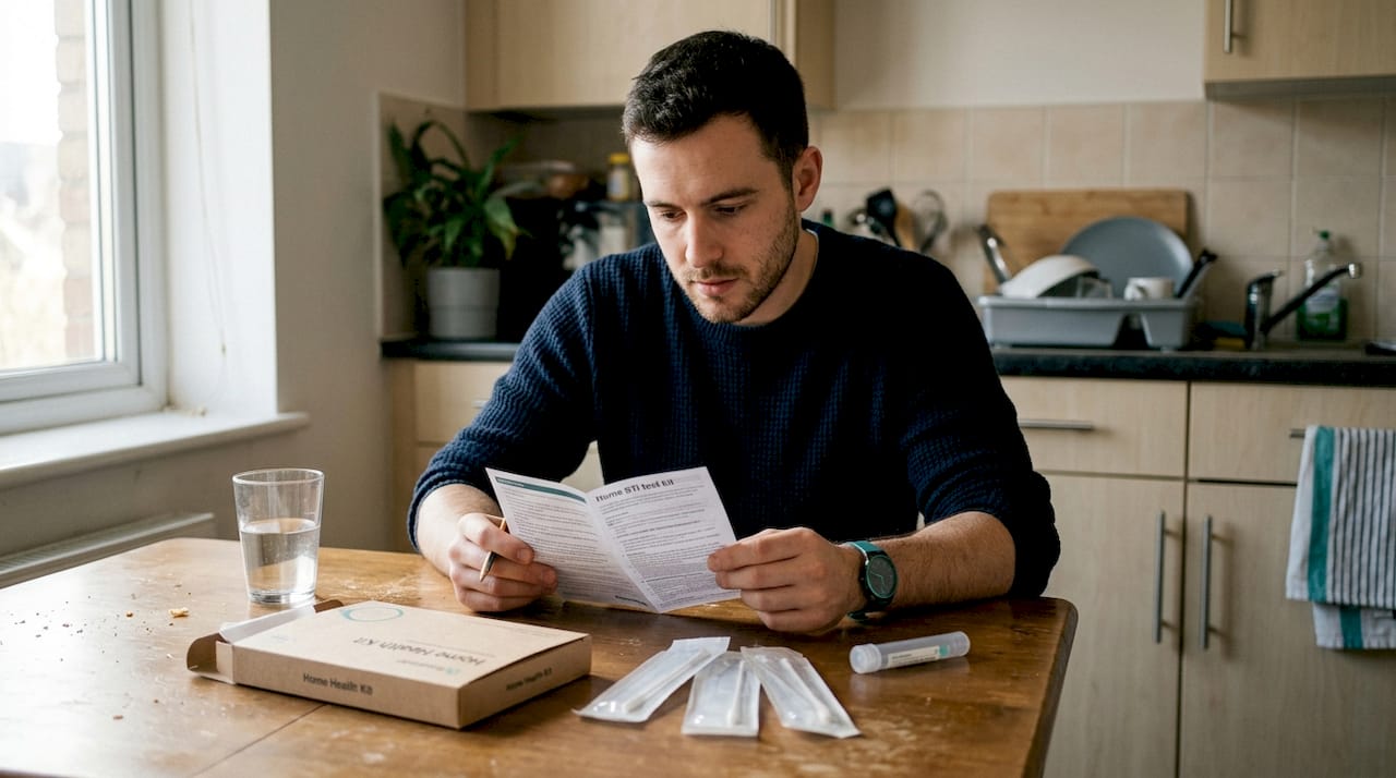 Man reading instructions for home STI test