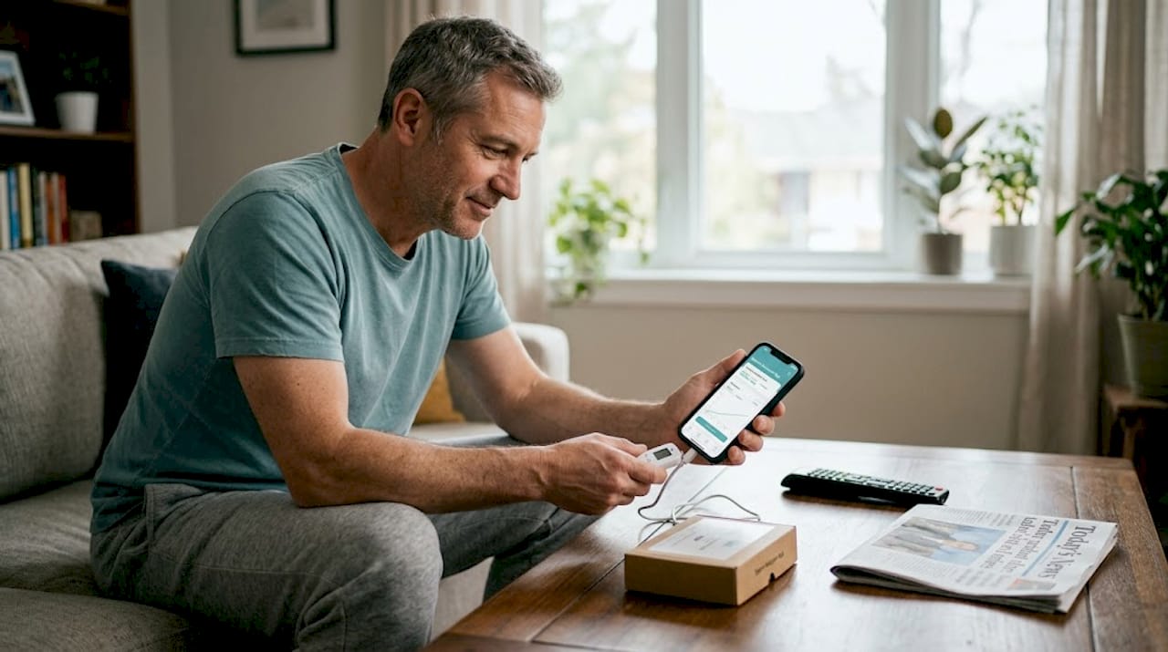 Man using digital sperm test with smartphone