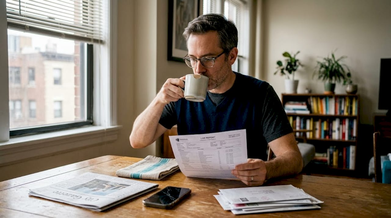 Man reading lab report at kitchen table