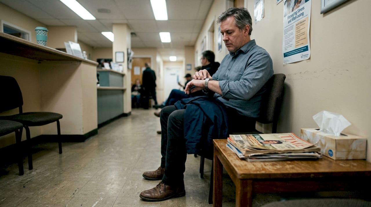 Man waiting for test results in a GP office
