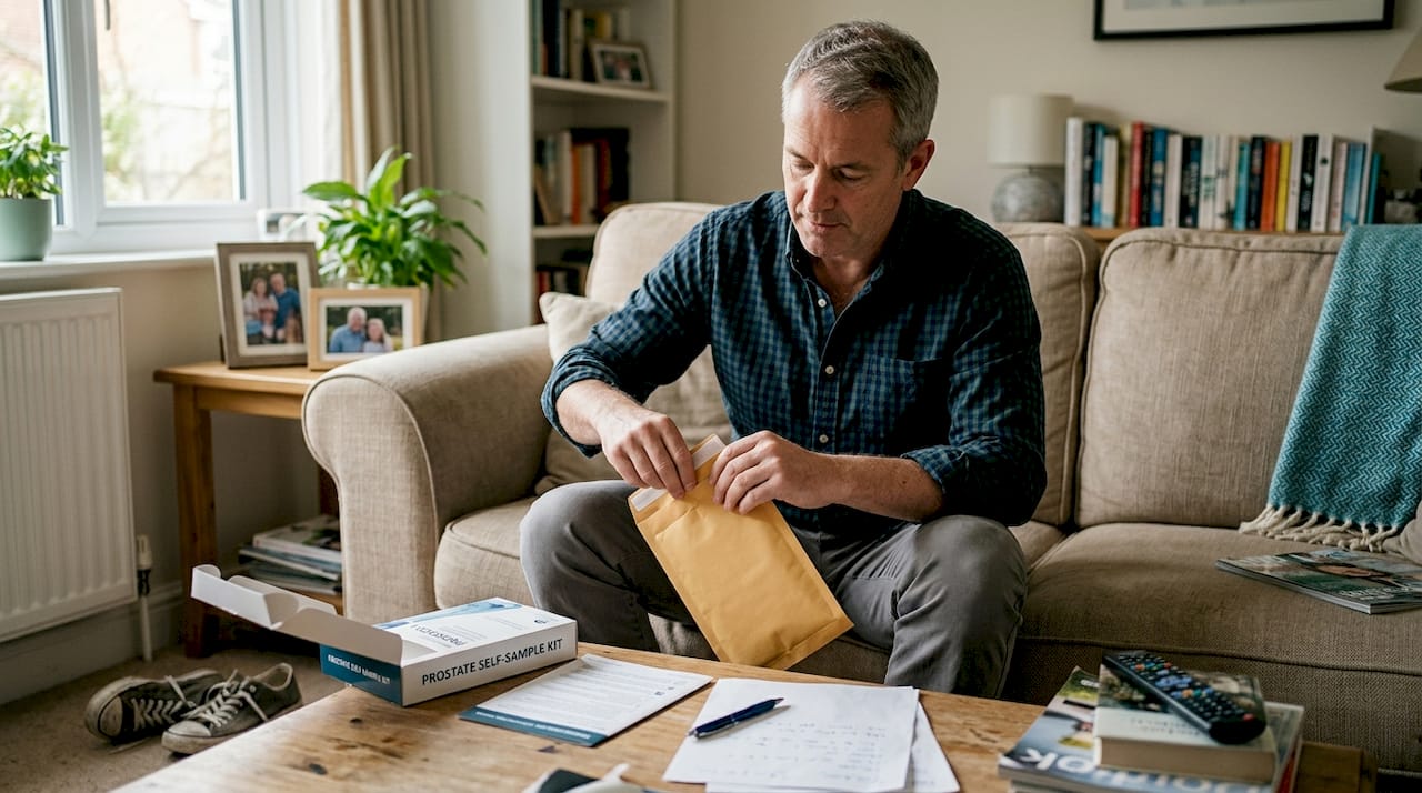 Man packs prostate test kit in living room