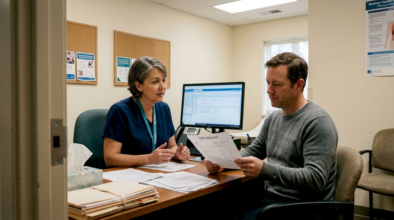 Nurse consulting with man about STI results