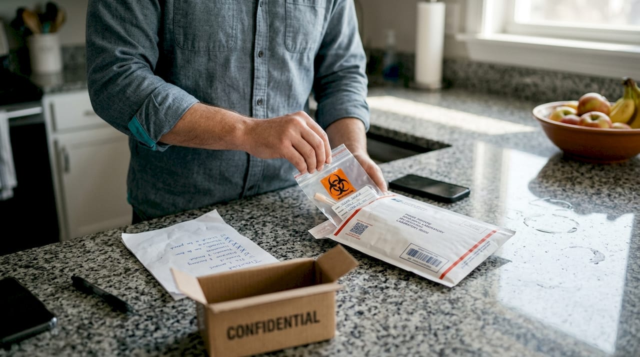 Hands sealing STI sample in prepaid envelope