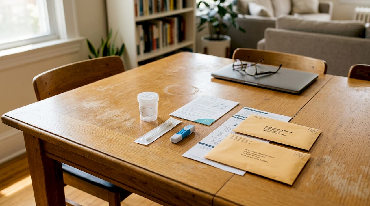 Test kit components organized on dining table