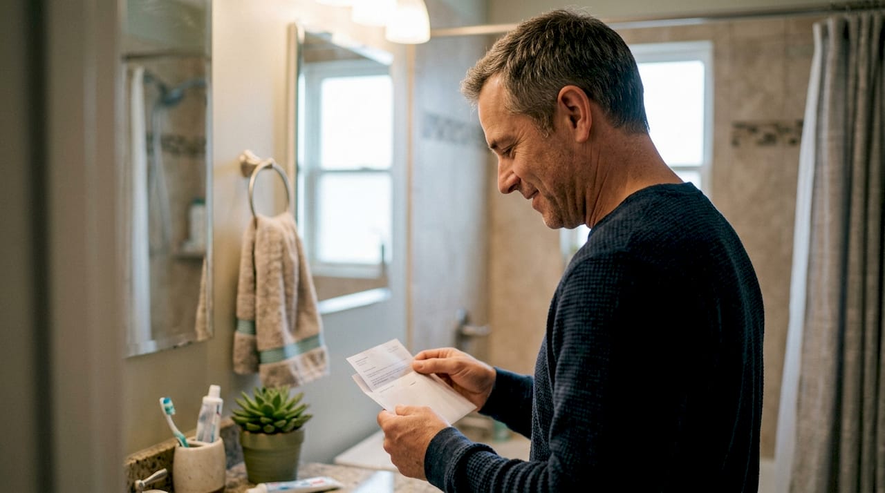 Man viewing private test result in home bathroom