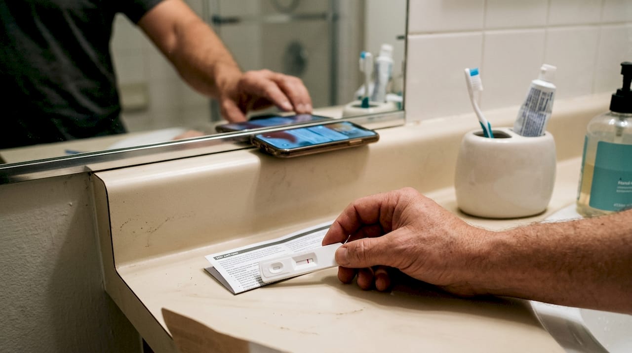 Hand checks HIV rapid test cassette in bathroom