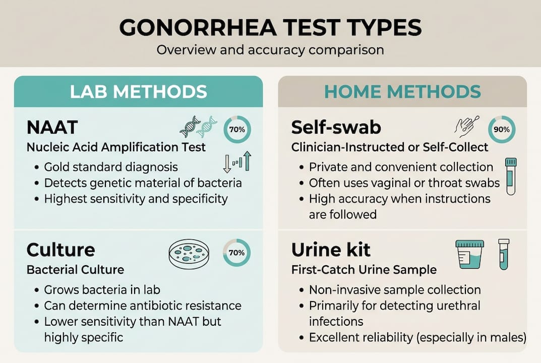 Infographic showing gonorrhea test types and accuracy