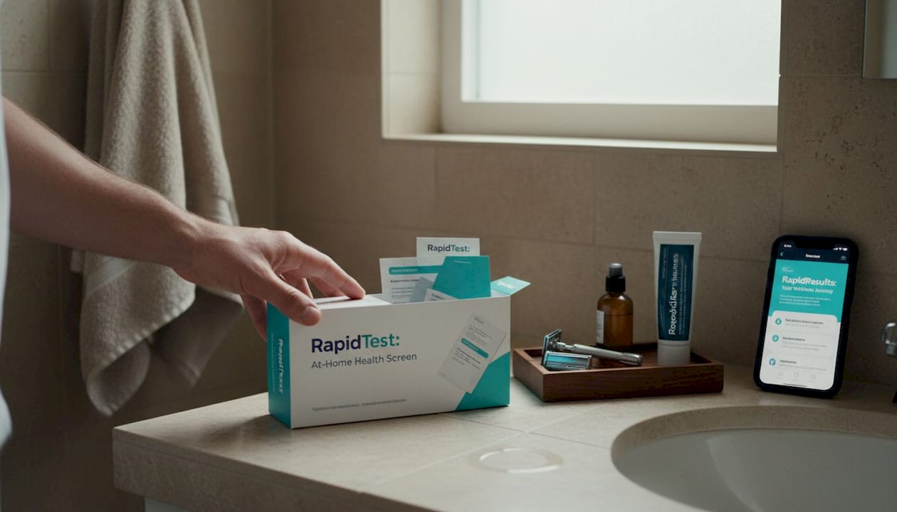 Home bathroom with STD test kit and instructions