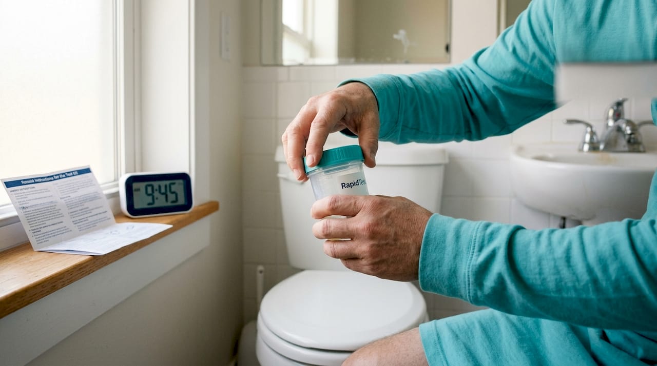 Hands opening urine collection cup in bathroom