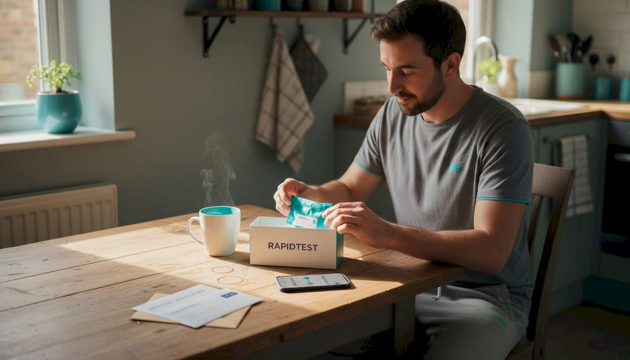 Man opening home STI test kit at kitchen table