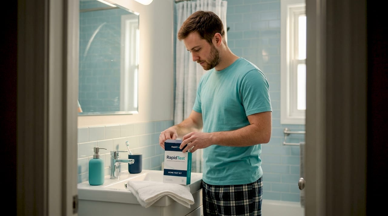 Man preparing bathroom for home test
