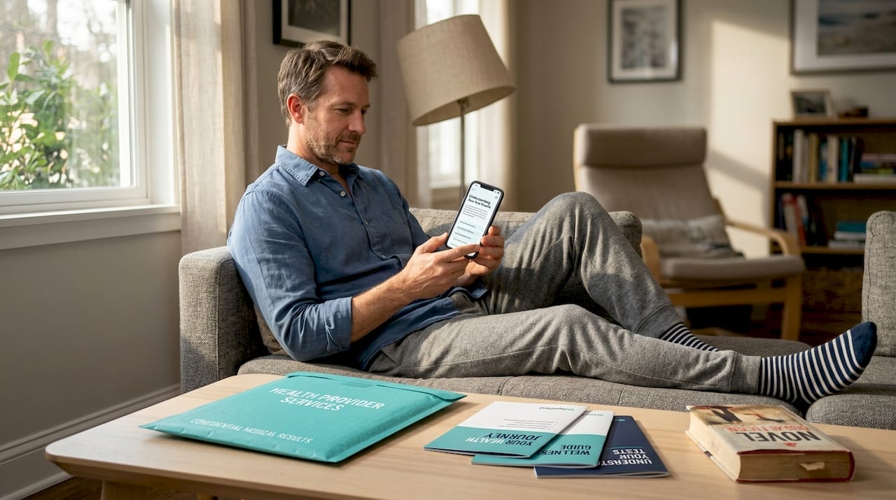 Man researching at-home test results in living room