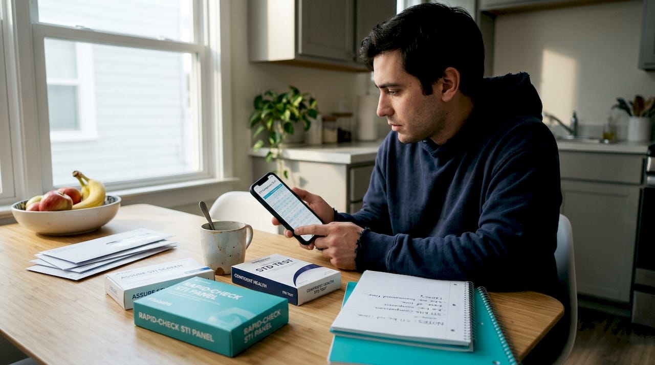 Man sorts and compares STI test kits