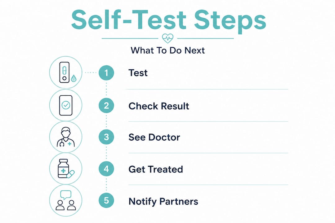 Infographic showing syphilis self-test steps and next actions