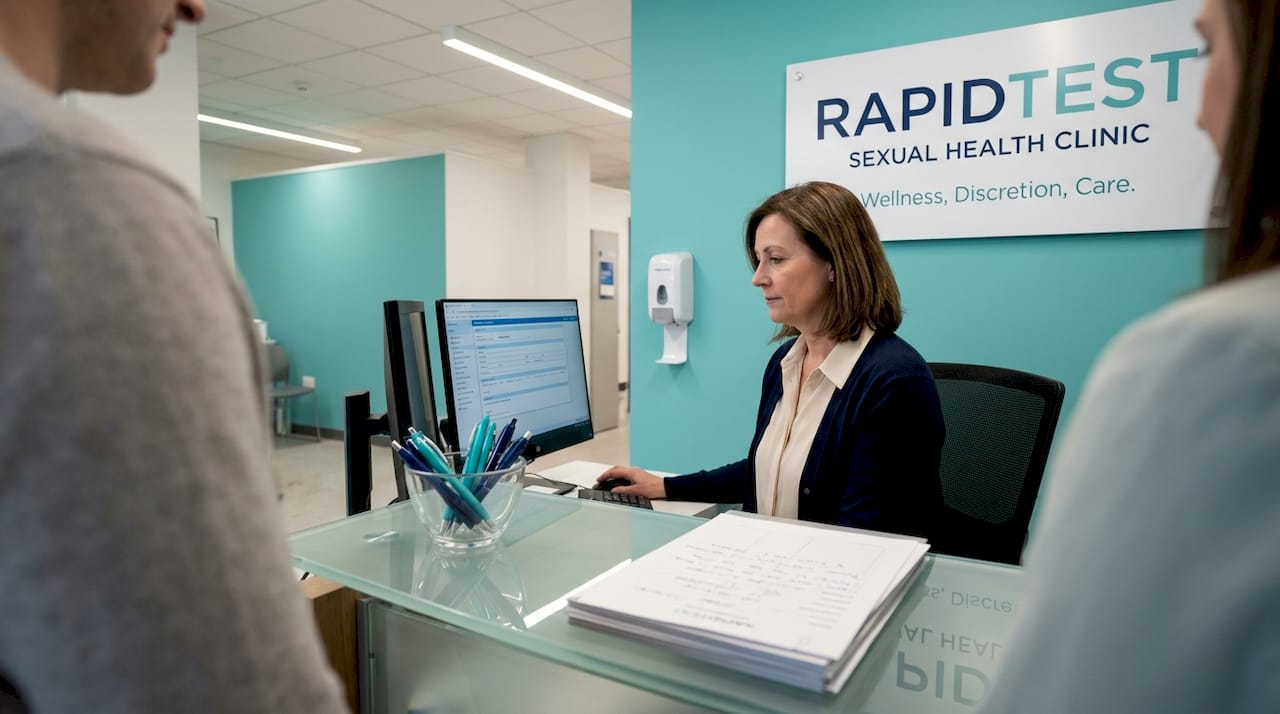 Receptionist checking in patient at health clinic
