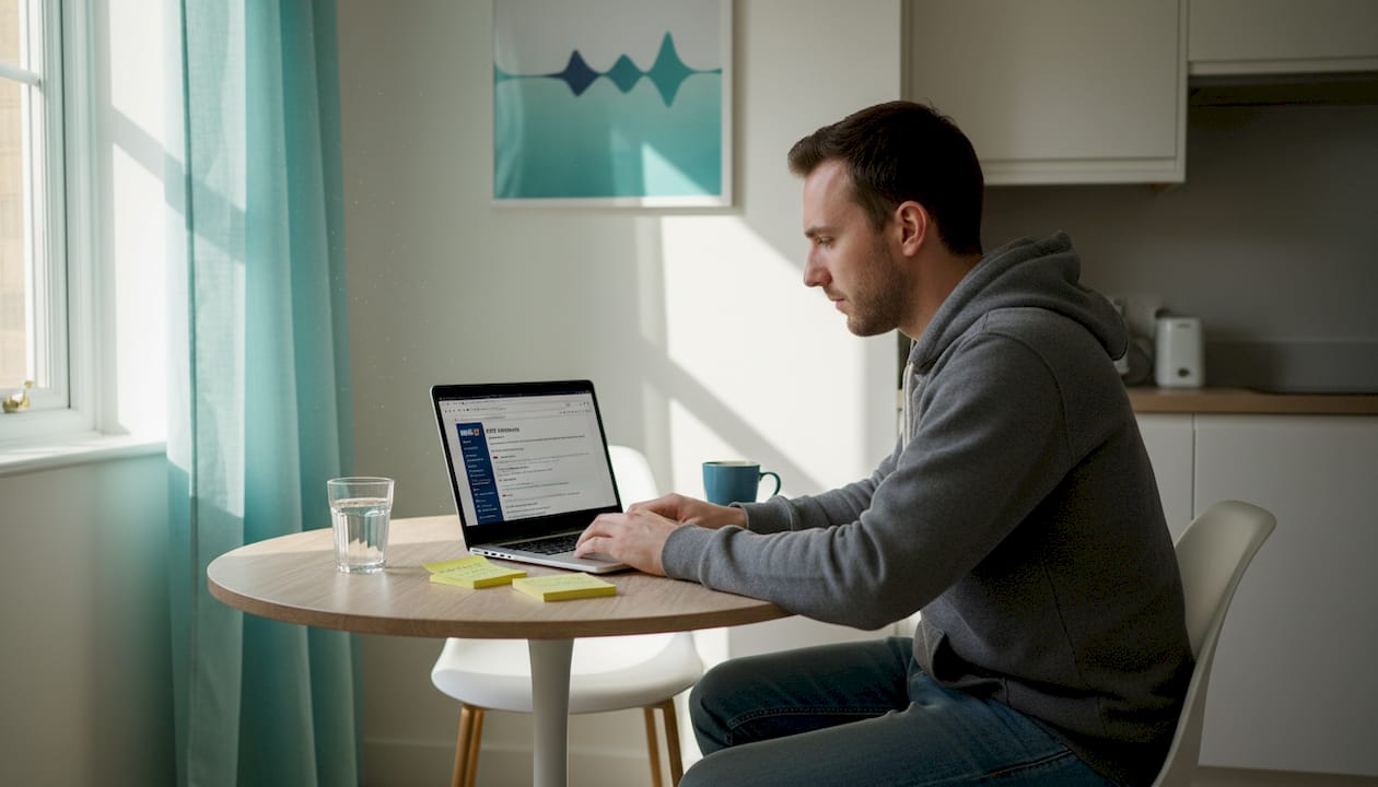 Man researching STI guidance at kitchen table