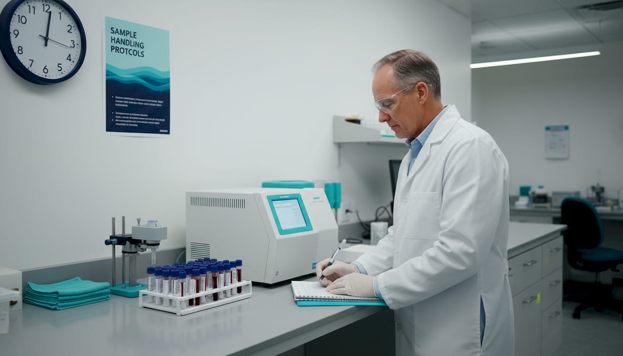 Lab technician handling blood samples workstation