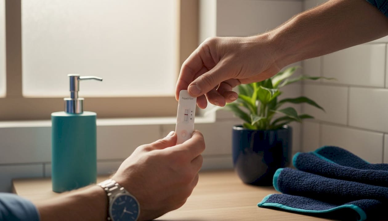 Hands holding test cassette on bathroom counter