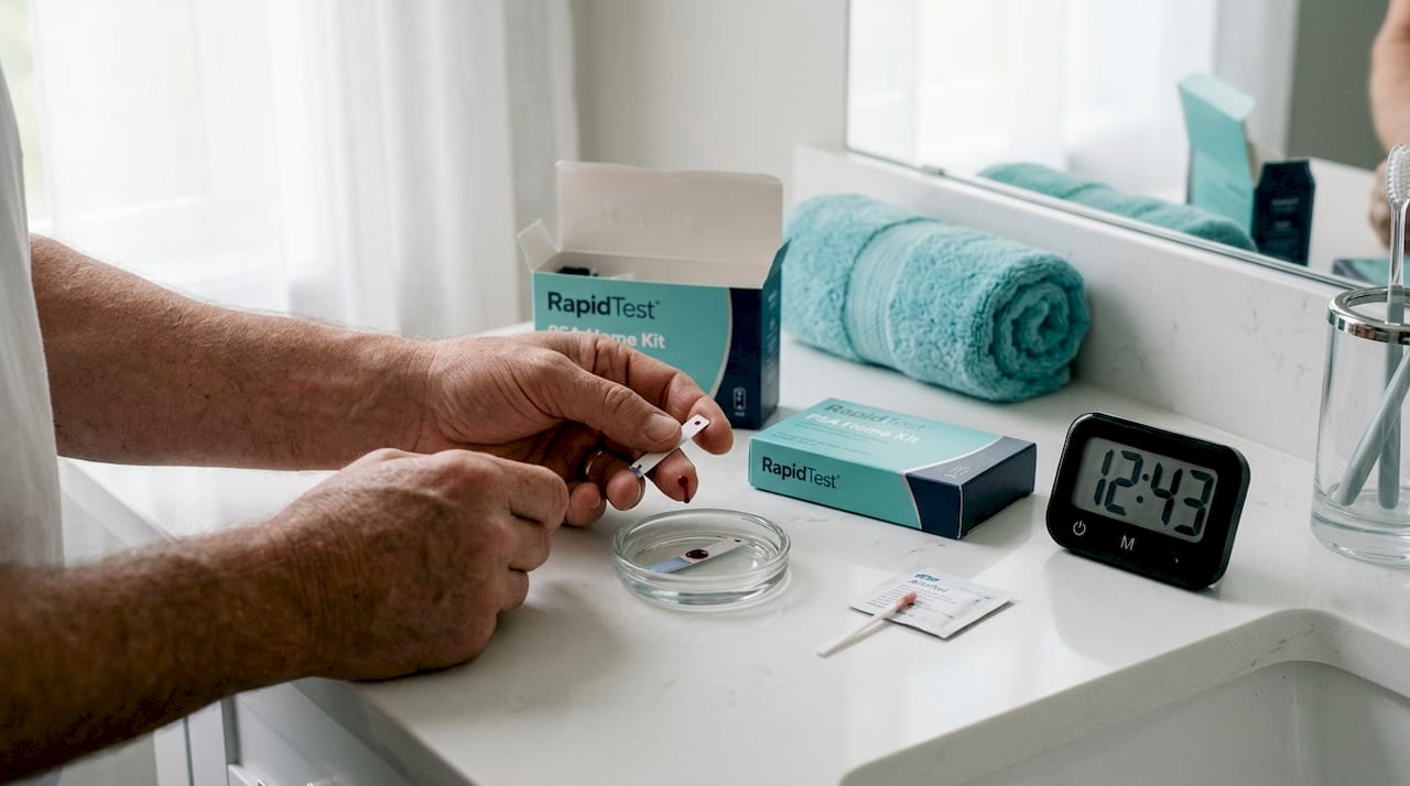 Hands using PSA home test kit in bathroom