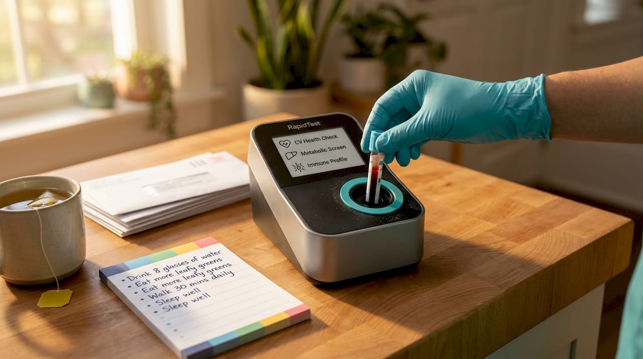 Gloved hand using multiplex test kit at home