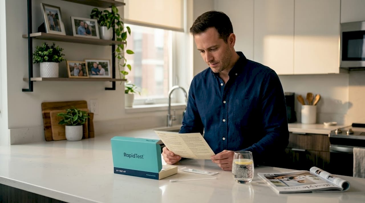 Man reading instructions for home STI test kit