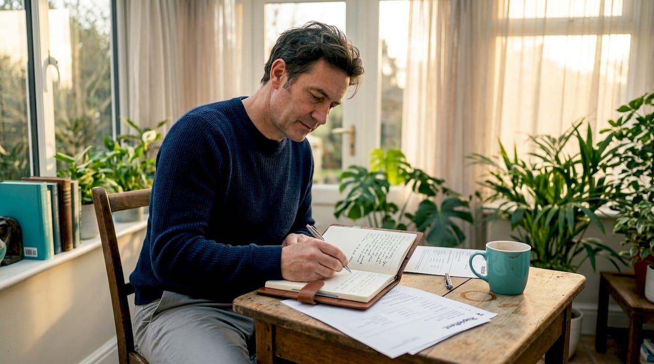 Man writing PSA test notes at kitchen table