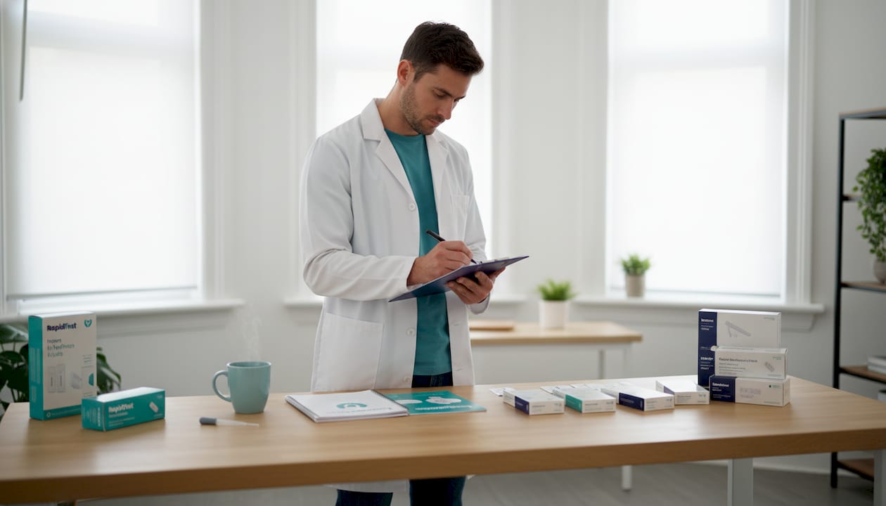 Lab technician making notes on home test process