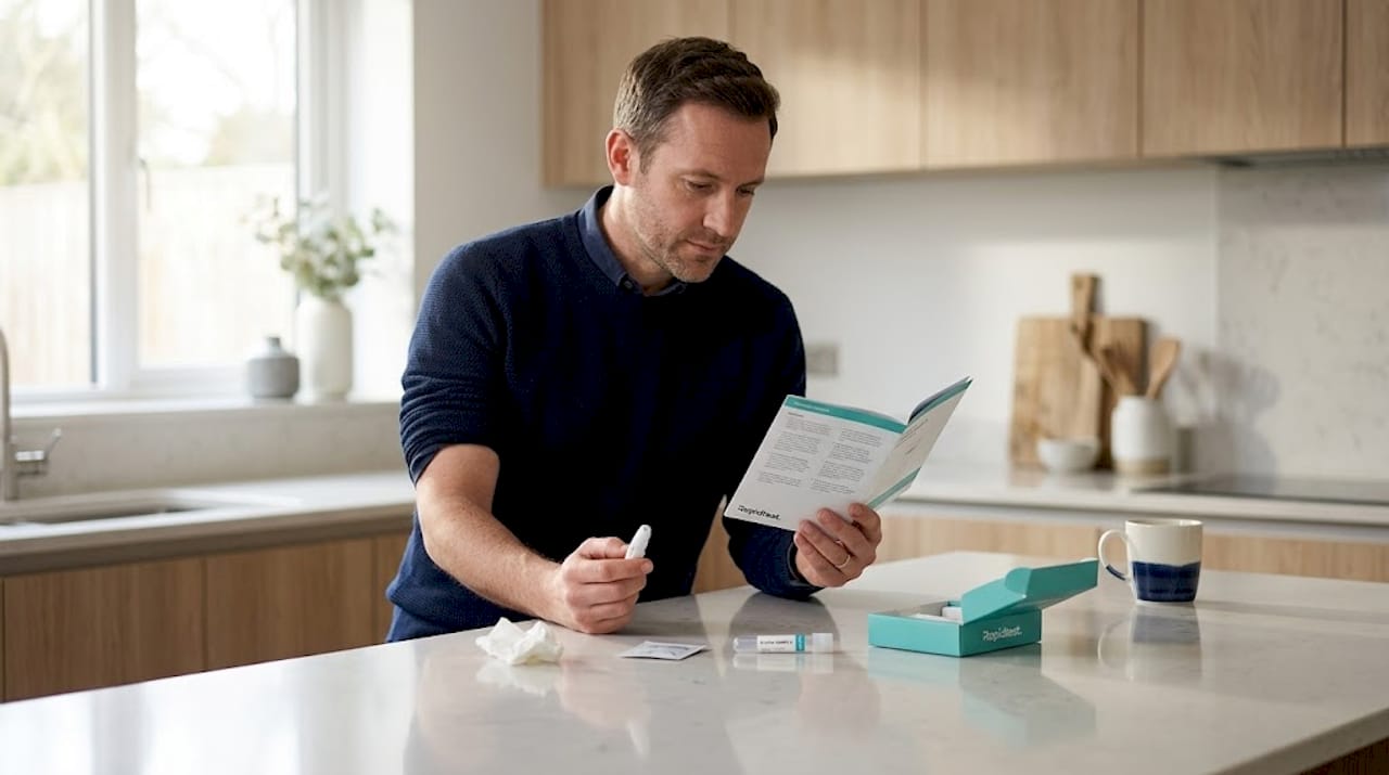 Man preparing finger-prick blood test at home