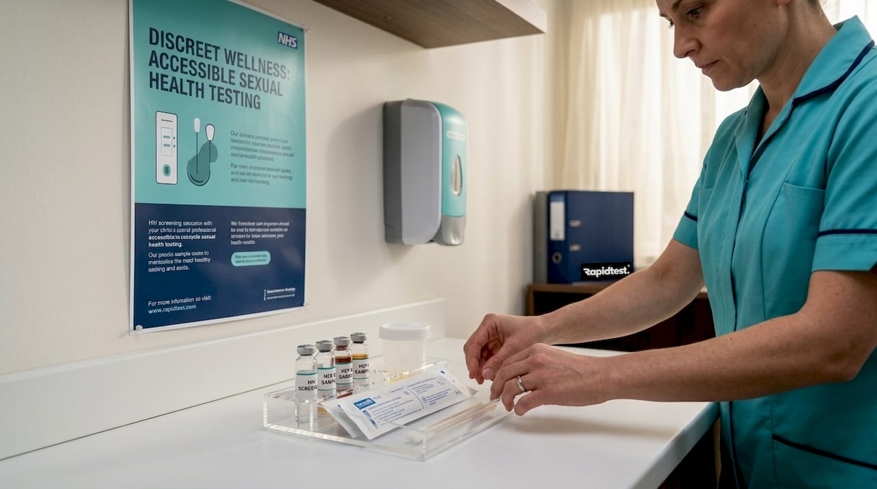 Clinician prepares STI sample collection kits in exam room