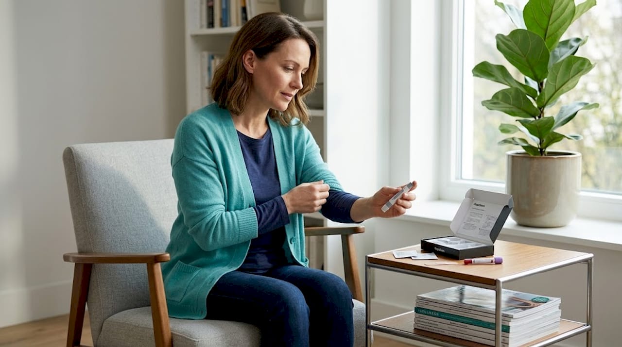 Woman preparing finger-prick blood test in living room