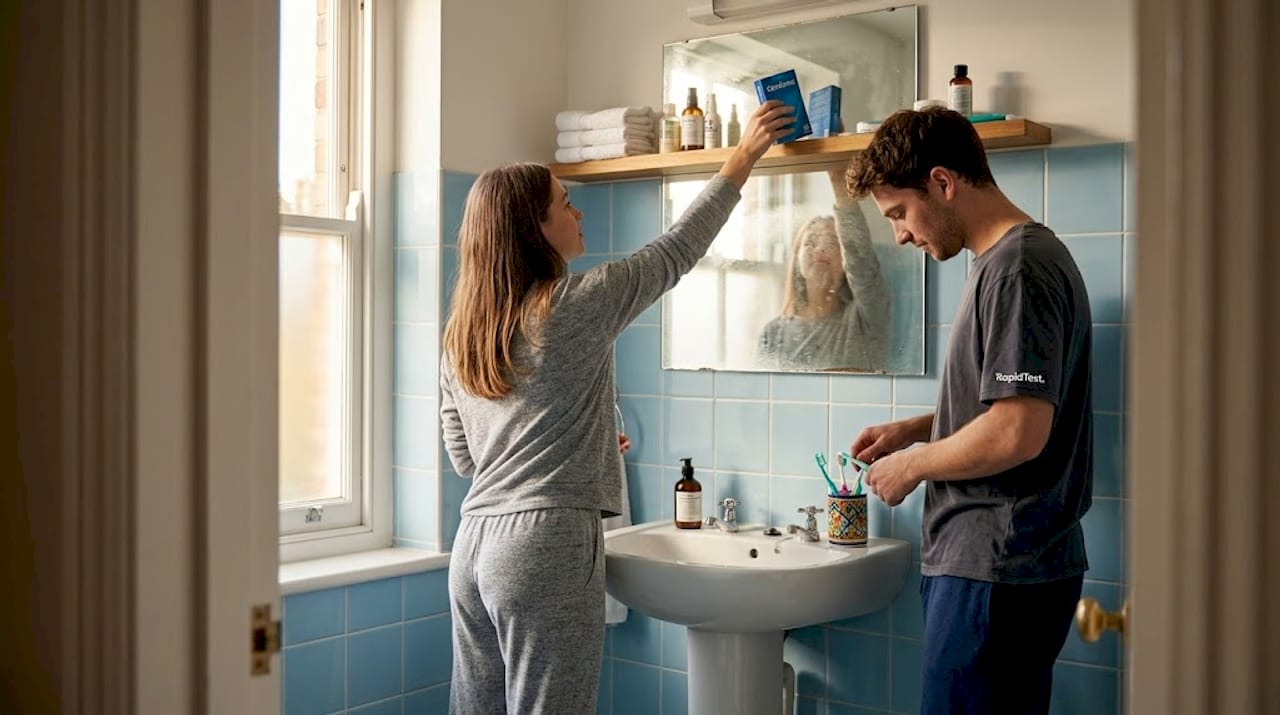 Couple in bathroom organizing barrier protection