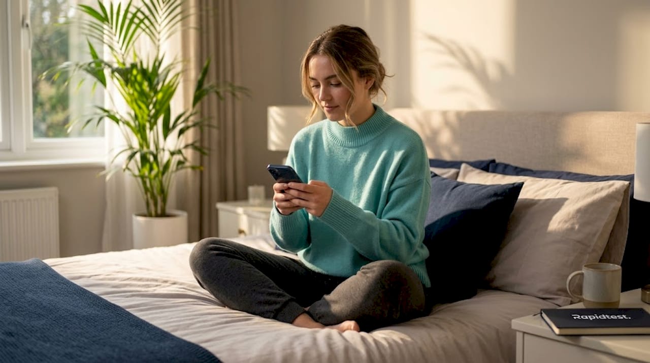 Young woman with smartphone in sunlit bedroom