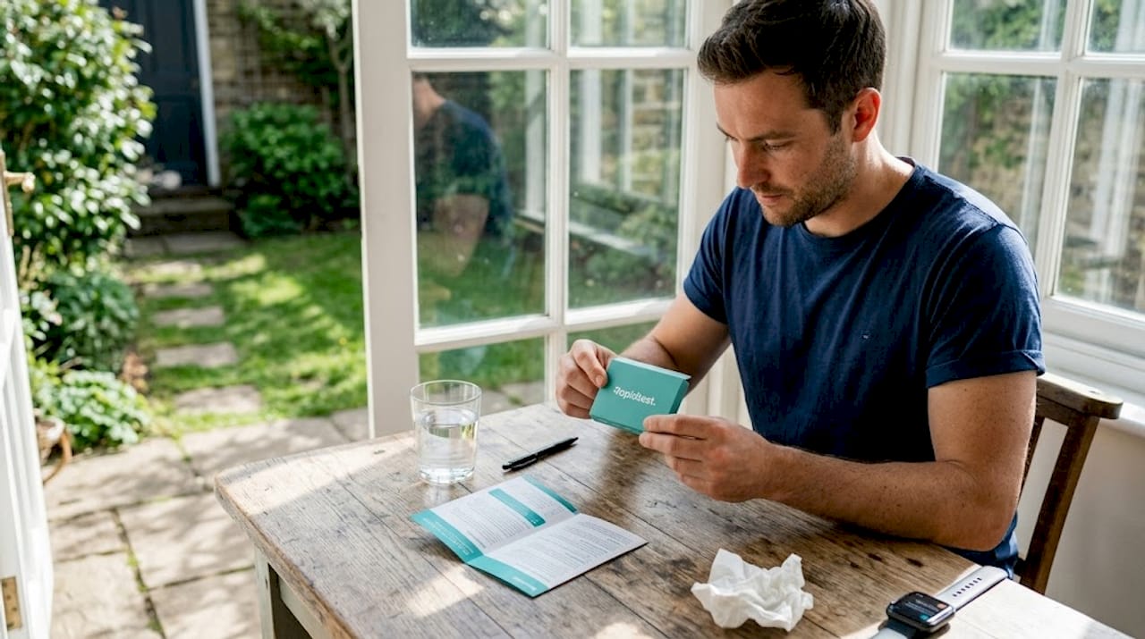 Man prepares at-home STI test kit at kitchen table
