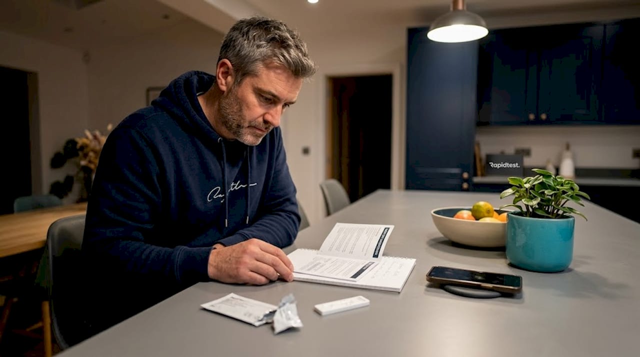 Man reviewing rapid test instructions at dining table